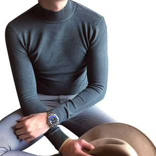 2018冬季韩国男装半高领针织衫时尚韩版青年港风加厚修身纯色毛衣