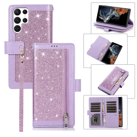 Shiny Glitter Bling Girls Wallets Folio Flip Magnetic Synthetic Leather Card Holder Folding Stand S23, S23 Plus, S23 Ultra