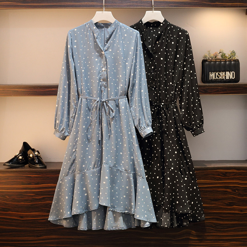 เดรส 大码女装胖mm秋装2019新款减龄波点长裙胖妹妹显瘦遮肚收腰连衣裙  