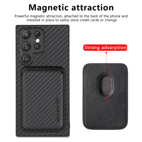 Black — Magnetic Card Holder Carbon Fiber Pattern Synthetic Leather S23, S23 Plus, S23 Ultra, S22, S22 Plus, S22 Ultra, S21