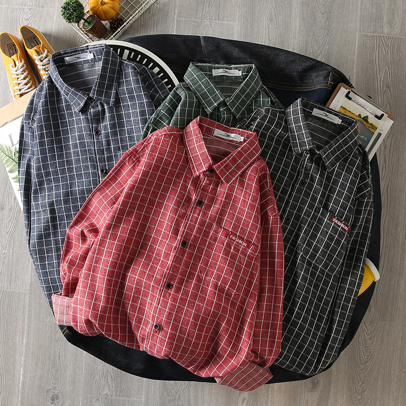 เสื้อ 春秋季原宿bf风格子衬衫男士长袖韩版青少年情侣宽松学生衬衣潮流  