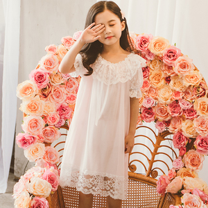 女童蕾丝花边连衣裙夏季短袖薄款公主裙子中大儿童睡衣套装家居服