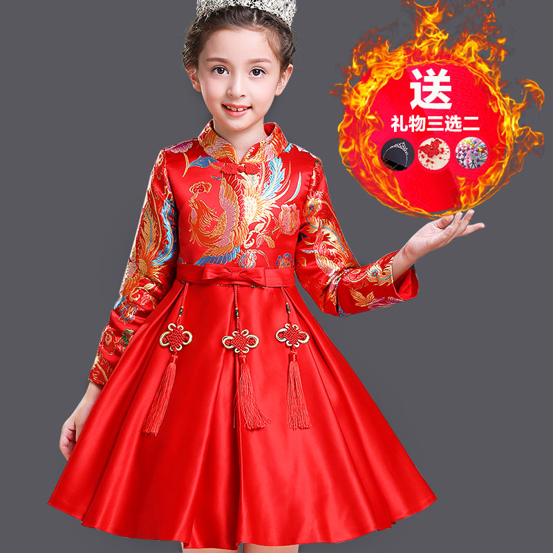 女童秋鼕連衣裙公主兒童旗袍2017新款中國風童裝加絨加厚紅色裙子