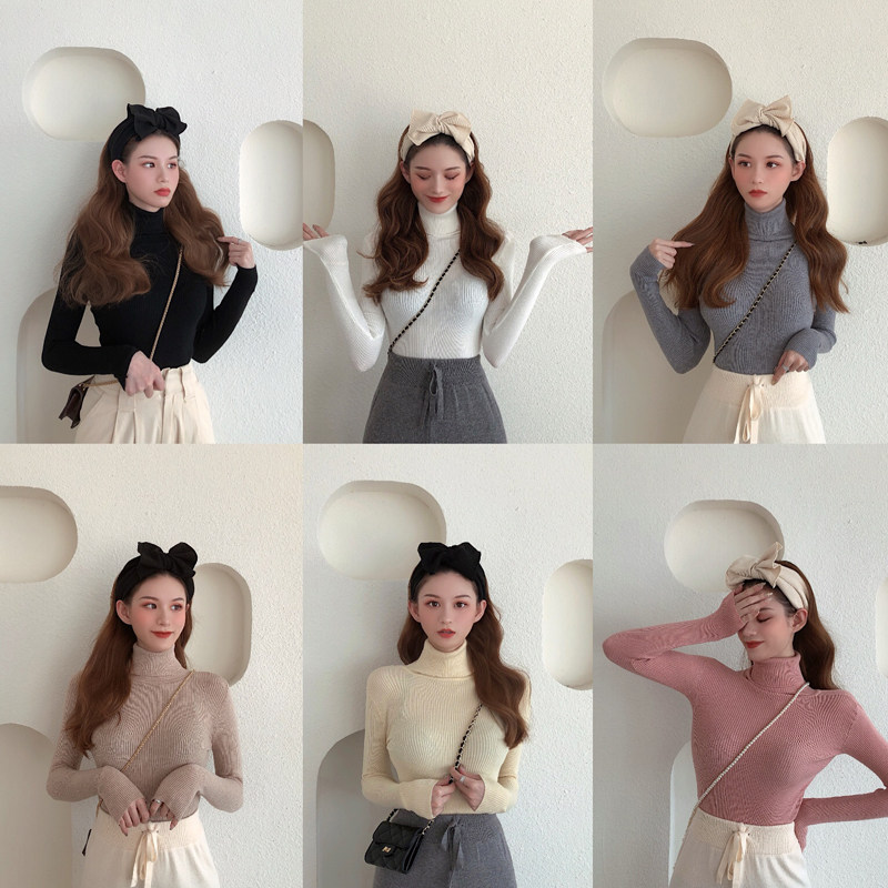 เสื้อผ้าผู้หญิง 韩版高领长袖修身针织上衣女紧身内搭黑色打底衫毛衣2019秋冬新款  