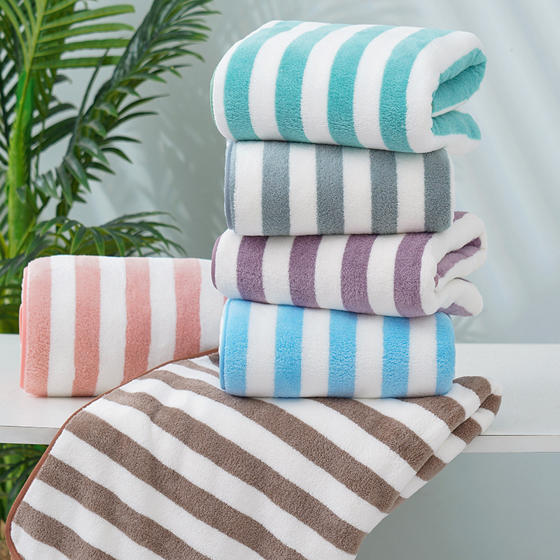 Summer Coral Fleece Wide Strip Bath Towel Adult Men and Women Absorbent Not Easy to Lint Thickening Towel Striped Beach Towel Striped