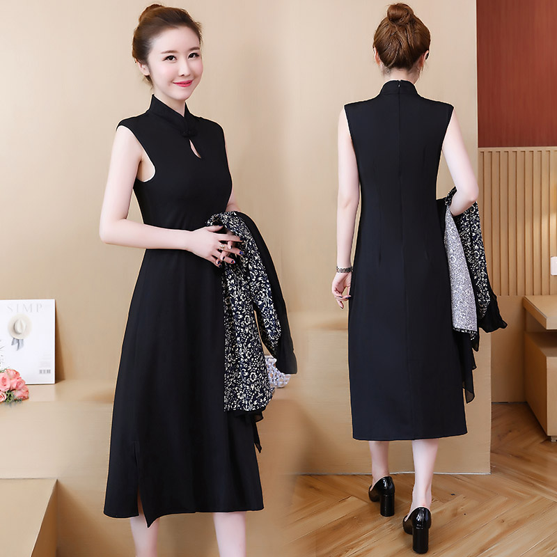 Chinese style improved cheongsam suit skirt female 2018 autumn new cotton and linen printed cardigan take two pieces Dress