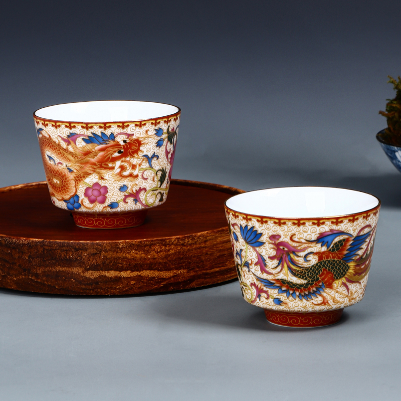 Chinese Retro Enamel Tea Cup Tea Cup Master Cup Single Cup Dragon and Phoenix Couple Cups Tea Ceremony Kung Fu Tea Cup