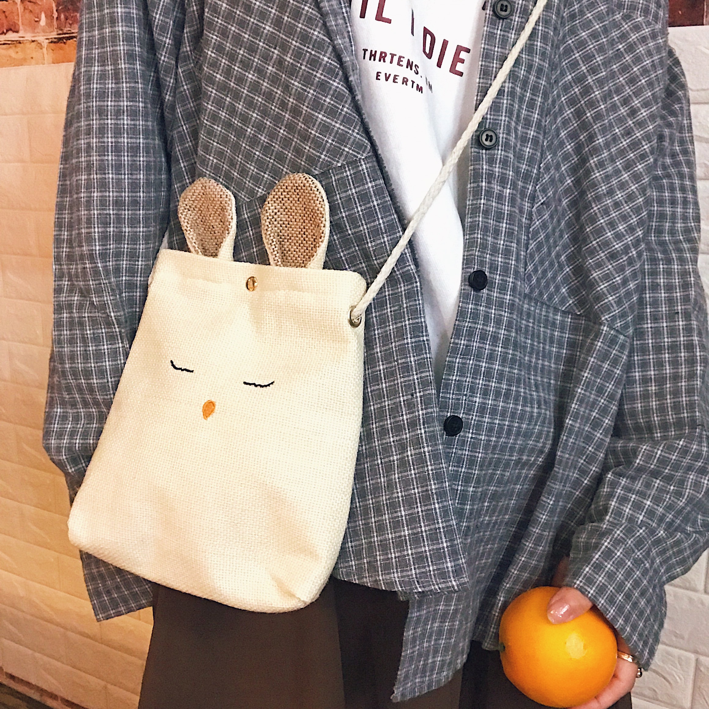 韓國可愛復古純色麻布兔子手機包學生簡約迷你百搭單肩斜挎包女包