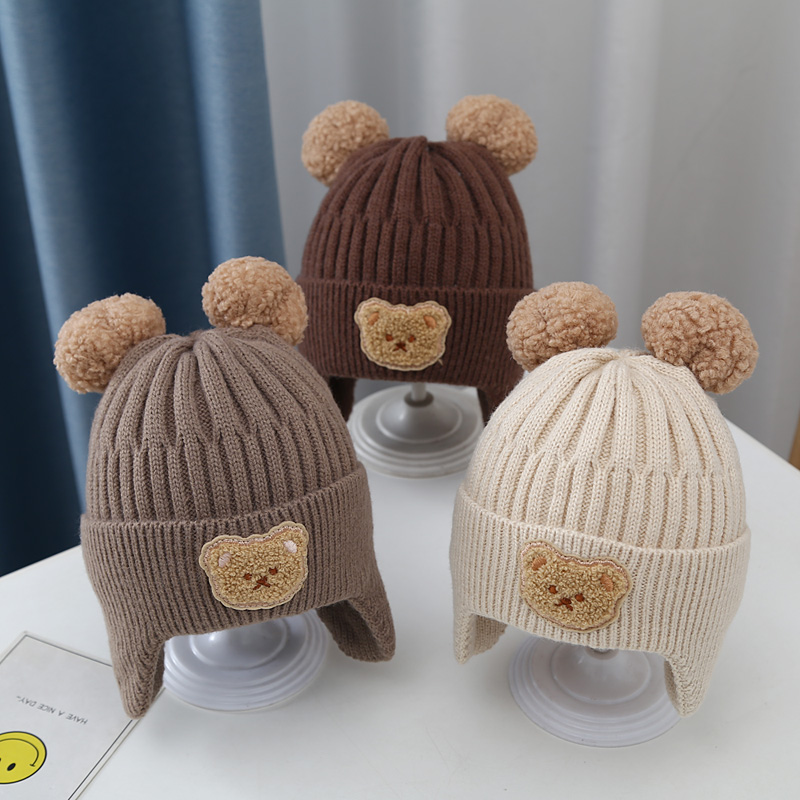 Cute Bear Children Woolen Cap Boys and Girls Autumn and Winter Baby Warm Thickened Baby Knitted Windproof Earflaps Hat