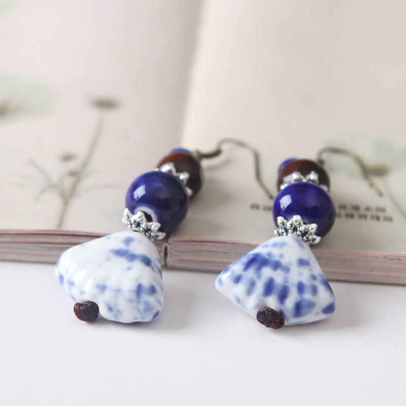 Fan type earrings QingGe blue ceramic national wind restoring ancient ways is exaggerated earrings the original manual street source of ears