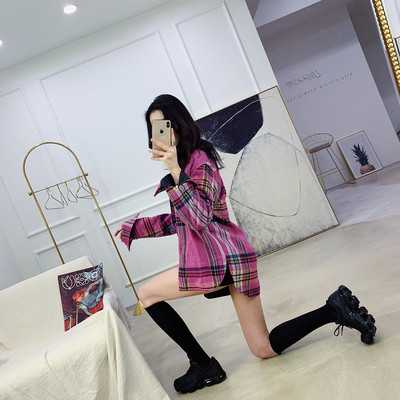 LIVIA网红款ins超火粉色格子毛呢慵懒衬衫女秋冬chic宽松复古外套-淘宝网