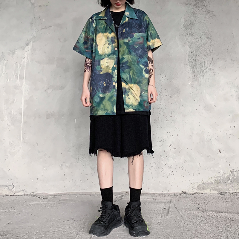 summer new Japanese retro tie Dyed oil painting full print loose drape short-sleeved shirt top female ins fashion brand