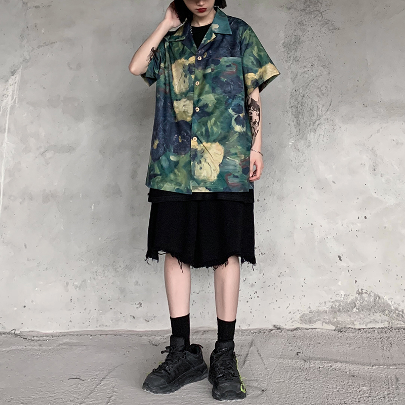 summer new Japanese retro tie Dyed oil painting full print loose drape short-sleeved shirt top female ins fashion brand