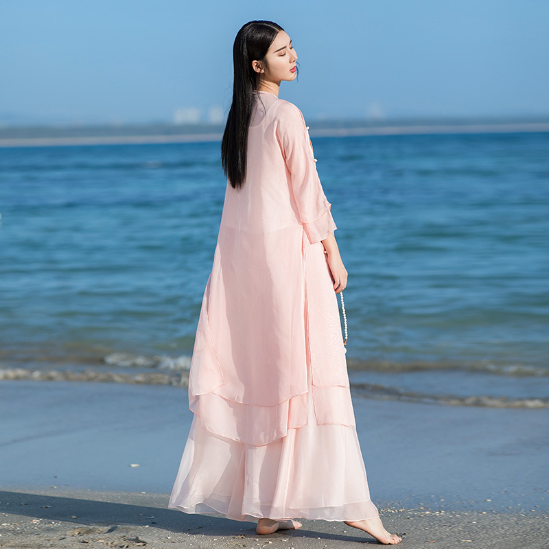 Summer Chinese Zen Women's Improved Hanfu Cheongsam Chiffon Dress Set Chinese Style Two-piece Tea Service