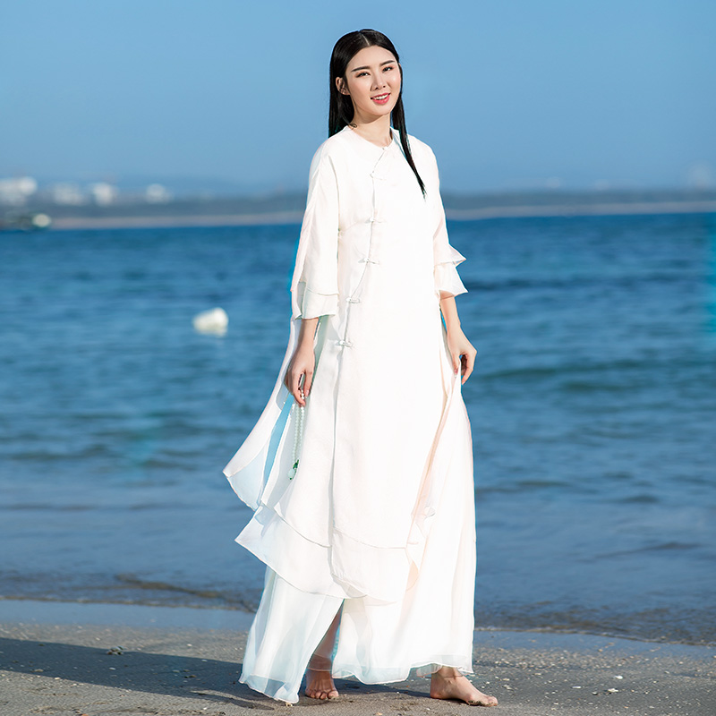 Summer Chinese Zen Women's Improved Hanfu Cheongsam Chiffon Dress Set Chinese Style Two-piece Tea Service