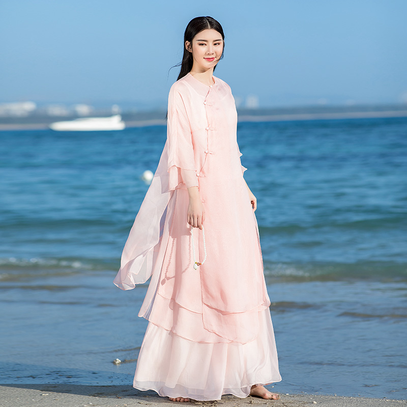 Summer Chinese Zen Women's Improved Hanfu Cheongsam Chiffon Dress Set Chinese Style Two-piece Tea Service