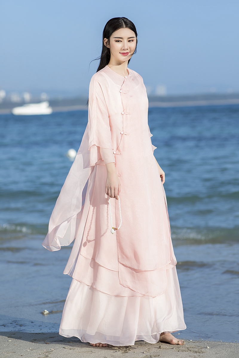Summer Chinese Zen Women's Improved Hanfu Cheongsam Chiffon Dress Set Chinese Style Two-piece Tea Service