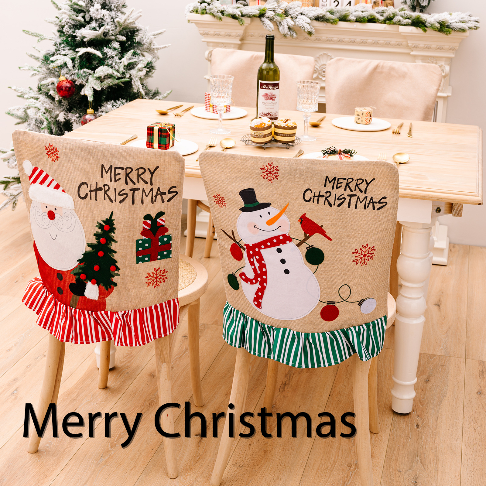 Cistmas Decorations Cartoon Creative Santa Cus Chair Cover Snowman Chair Cover Linen Striped Dining Table Chair Cover