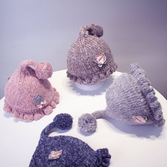 秋鼕寶寶帽子嬰兒毛線帽男女童加厚手工帽0-3-6個月針織款保暖帽