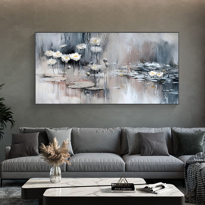Pure Hand Drawing Oil Painting Landscape Painting Monet Water Lily Modern Living Room Sofa Background Wall Decorative Painting Horizontal Version Flower Painting
