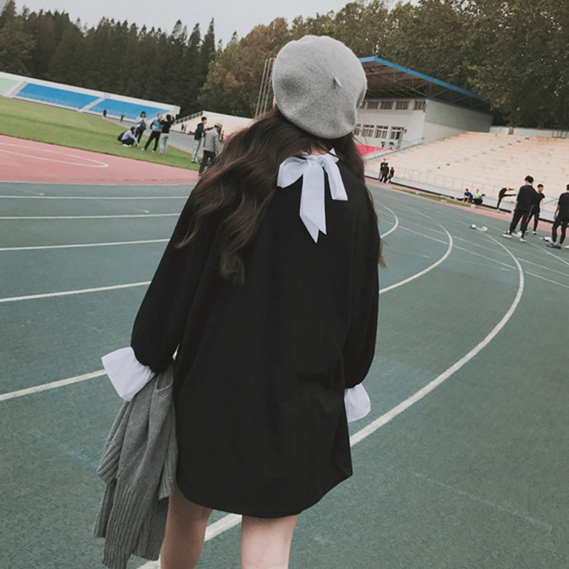 復古軟妹韓版學院風秋裝拼接假兩件襯衫領喇叭袖連衣裙女顯瘦潮