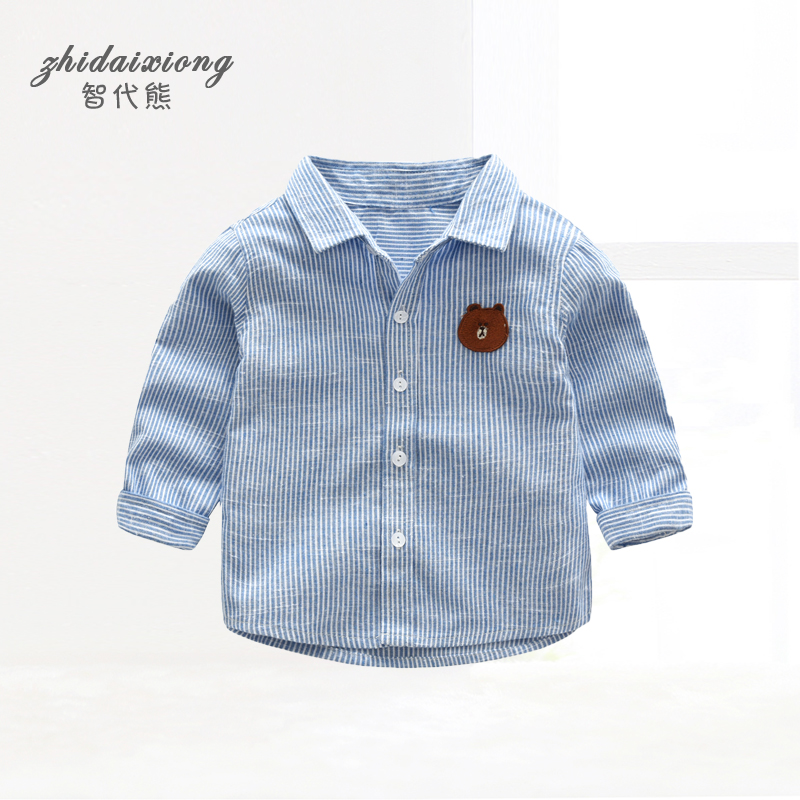 寶寶襯衫男秋裝嬰兒小熊刺繡純棉翻領上衣1-3歲 兒童男童長袖襯衣