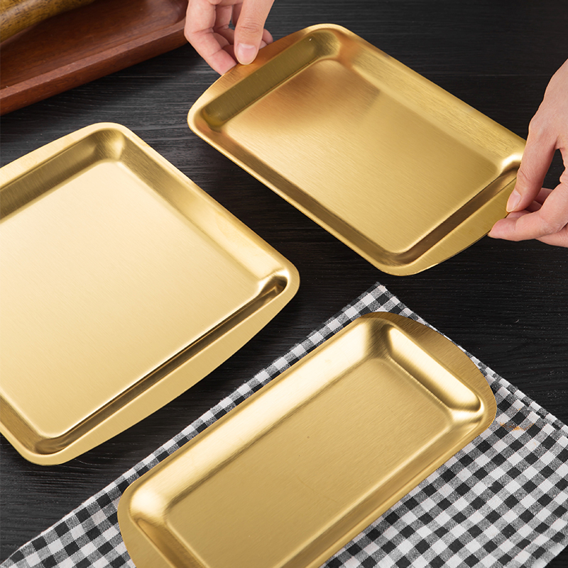 304 Stainless Steel Plate Korean Style Barbecue Plate Barbecue Plate Thickened Plate Rectangular Dinner Plate Household Flat Tray
