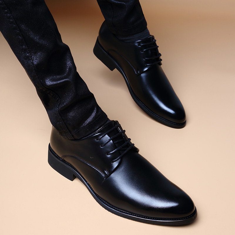 韩版潮流尖头皮鞋男士黑色时尚英伦青年低帮休闲鞋6cm内增高男鞋