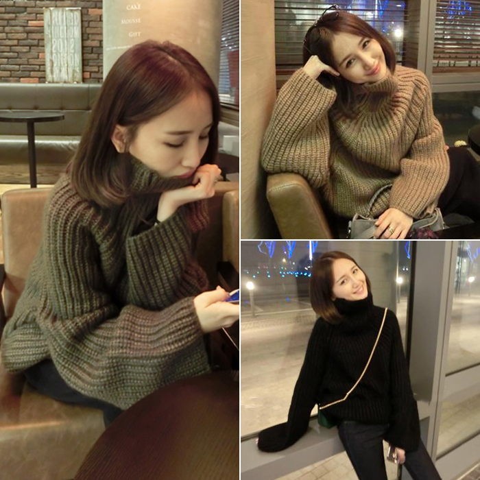 2017鼕裝新款寬松顯瘦加厚高領套頭毛衣韓國純色針織衫外套女學生