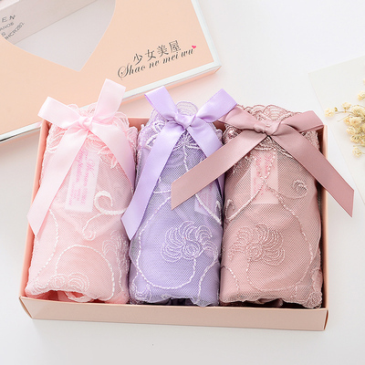 少女美屋性感蕾丝三角裤大码胖mm大蝴蝶结低腰内裤【3条礼盒装】-淘宝网