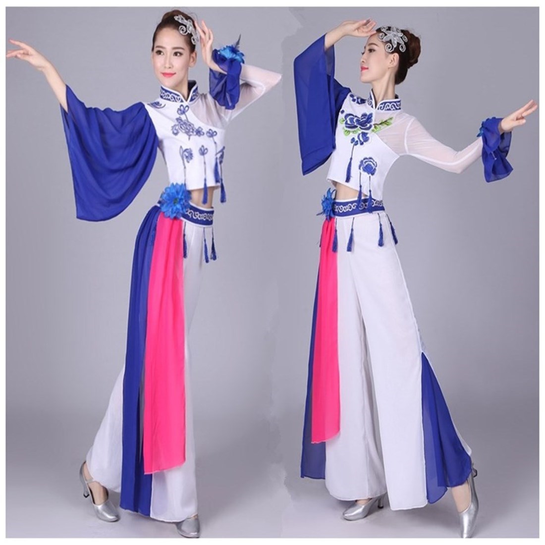 新款青花瓷演出舞蹈服裝中國風民族古箏古典扇子秧歌表演禮服女裝