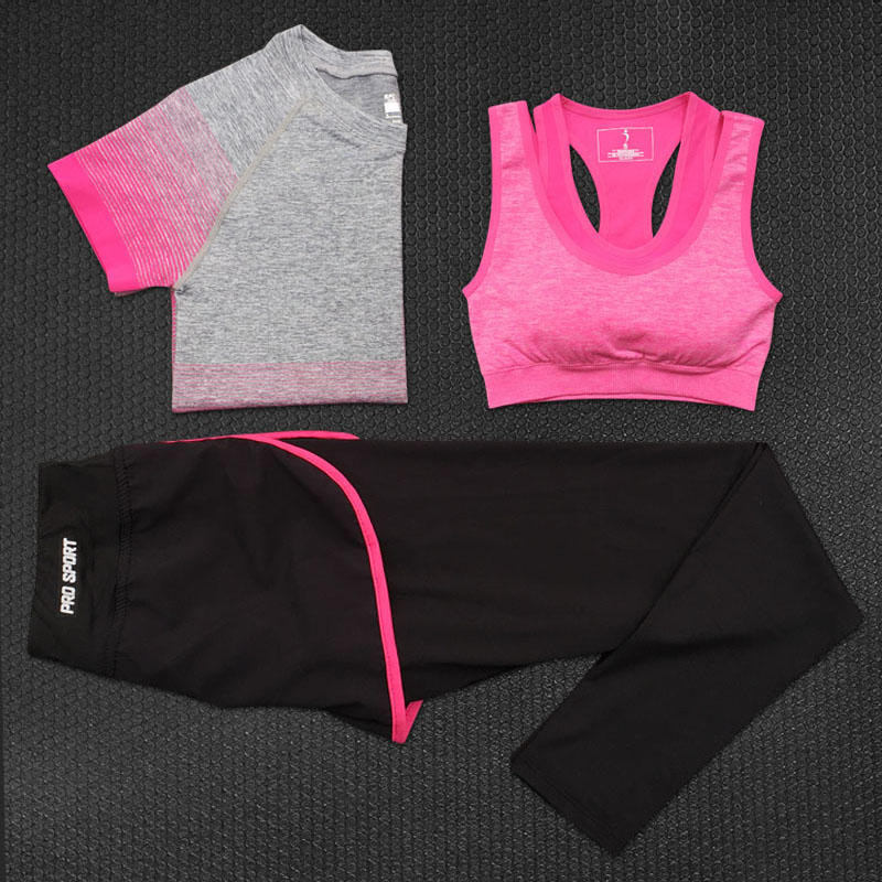 夏季健身服女瑜伽服套装显瘦 健身房运动跑步服女速干上衣三件套