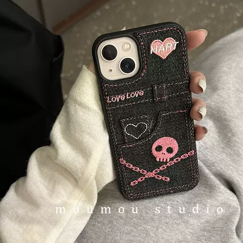 Moumou Studio Denim Jeans Canvas Embroidered   Phone Cases Covers For Girls  iPhone 14, iPhone 13, iPhone 12