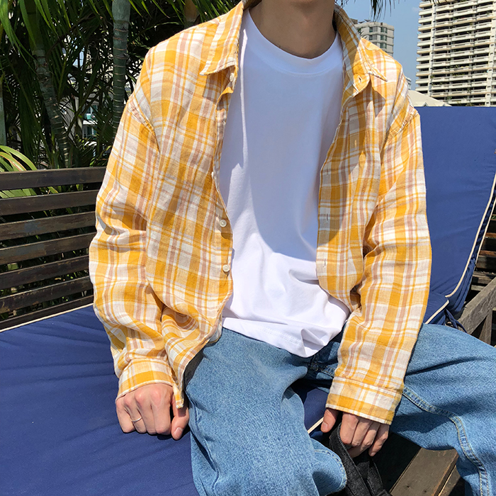 yaokola 100%lin de printemps-été, version coréenne de la loose décontractée en coton à carreaux-manches longues-shirt joker tops hommes de marée yaokola 100%lin de printemps-été, version coréenne de la loose décontractée en coton à carreaux-manches longues-shirt joker tops hommes de marée