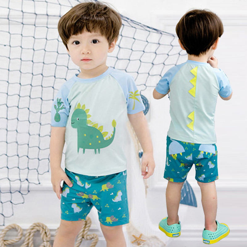 韓國兒童泳衣男童潮綠色恐龍可愛寶寶兒童平角分體遊泳衣褲配泳帽