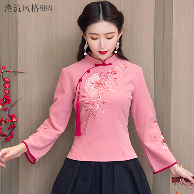 Republic of China style women's retro embroidery Tang suit tops long sleeve cheongsam two-piece improved Hanfu autumn and winter tea art clothing