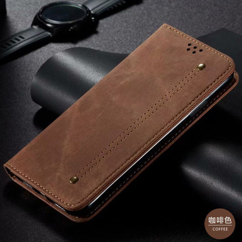 Dark brown — Denim Jeans Canvas Rivet Stitch Wallets Folio Flip Card Holder Folding Stand Note 12, Note 12 Pro, Note 12 Pro+