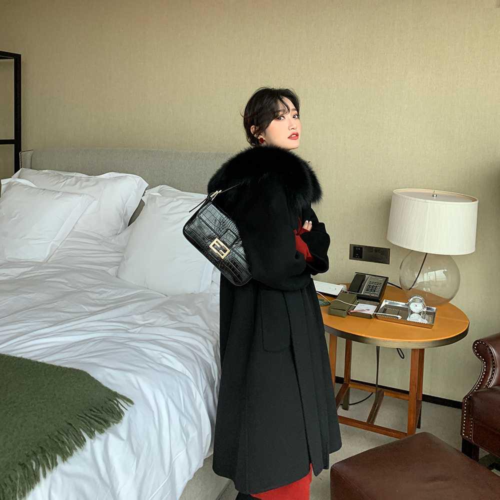 The gentle temperament hooded double-sided woolen coat at the beginning of the snow, mid-length large fur collar woolen coat for women winter anna home