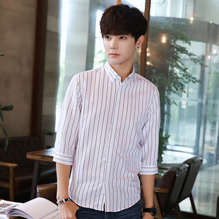 夏季学生韩版修身竖条纹7七分袖白衬衫潮流短袖衬衣服男帅气百搭