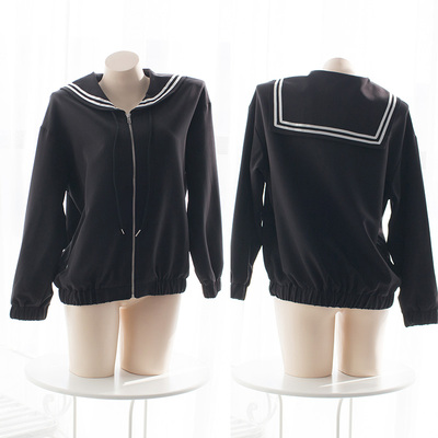 七了个三 水手服外套黑色卫衣海军领学院风百搭黑色宽松外套-淘宝网