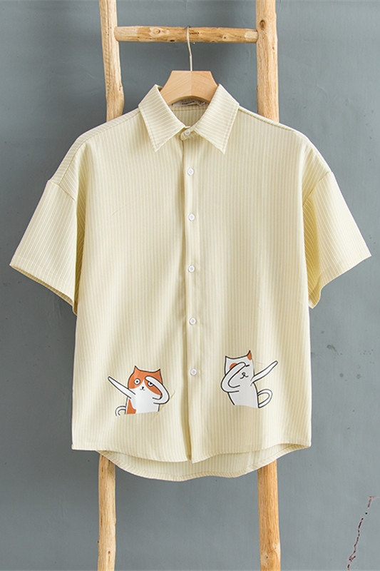 Summer New Hong Kong Windy Japanese cartoon printed striped shirt for men, very fairy blouse, lazy draped chiffon shirt