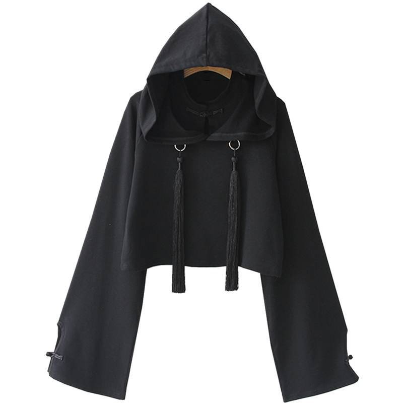 Super Long Sleeve Fake Two Pieces Improved Cheongsam Plate Buckle Retro Chinese Style Dark Series High Waist Short T-Shirt Hooded Hood