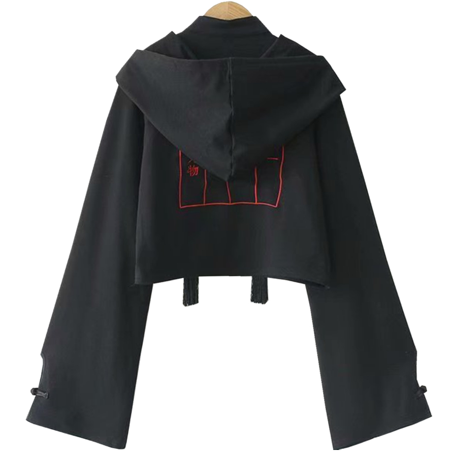 Super Long Sleeve Fake Two Pieces Improved Cheongsam Plate Buckle Retro Chinese Style Dark Series High Waist Short T-Shirt Hooded Hood
