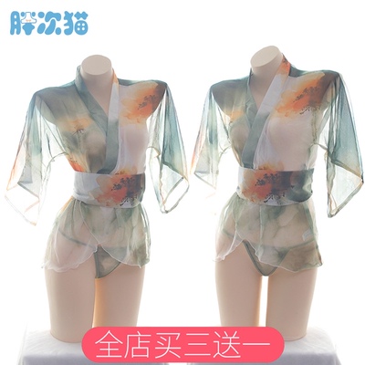 日式印花和服 水墨睡衣浴衣半透睡裙性感家居服羽织连衣裙-淘宝网