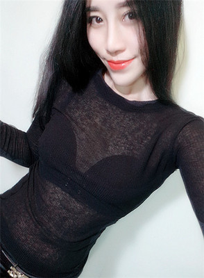 大码实拍包邮欧洲站2018秋冬新款黑色性感透视V领长袖T恤 打底衫-淘宝网