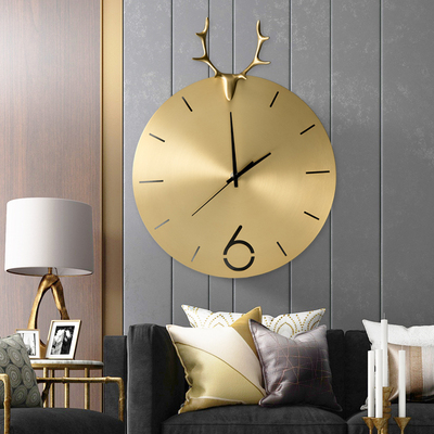 标题优化:有虞家居轻奢欧式时钟金属圆形鹿头创意壁挂钟表大气纯铜客厅挂钟