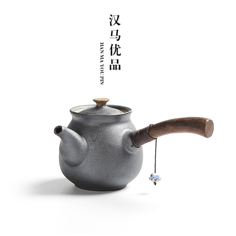 汉马优品日式禅风复古煮茶壶陶瓷黑茶小号木制长柄侧把壶汝窑茶具