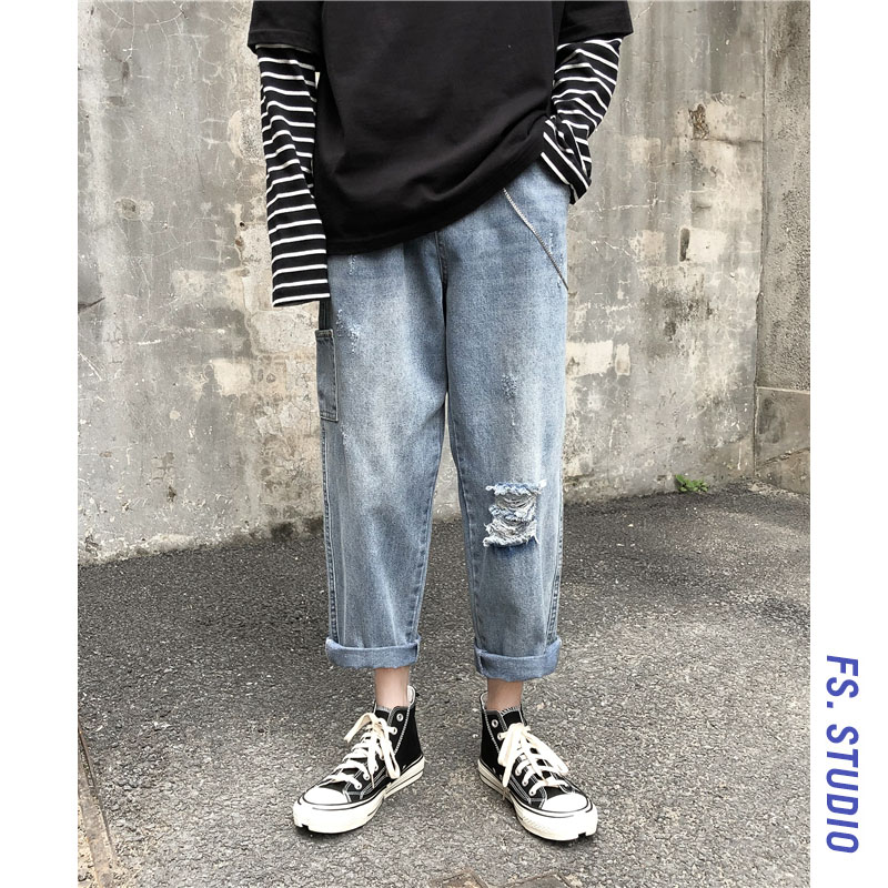 @parti-moins d'hommes version coréenne de l'été de trou joker denim pantalon adolescent décontracté lâche cylindre droit neuf minutes de pantalon marée @parti-moins d'hommes version coréenne de l'été de trou joker denim pantalon adolescent décontracté lâche cylindre droit neuf minutes de pantalon marée