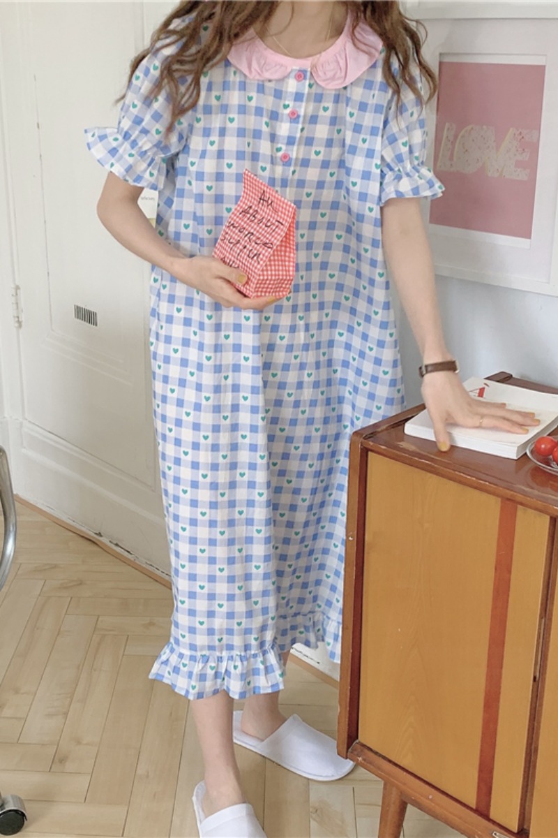 ゆったりした格子のつづり合わせの色の眠るスカートの女性の心地良いロングスカートの2021夏の新型の半袖のパジャマの心地良い家庭服-5