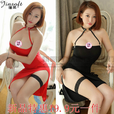 性感冰丝超薄颈环吊带抹胸裙 开叉裙紧身超紧夜店老婆裙+蕾丝腿环-淘宝网